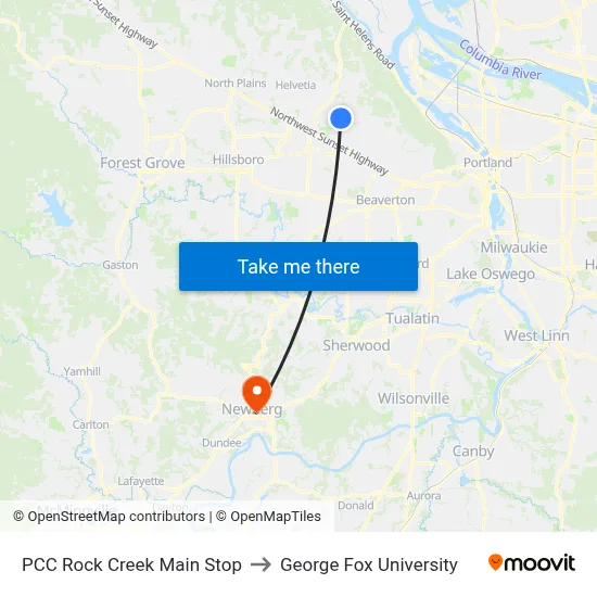 PCC Rock Creek Main Stop to George Fox University map