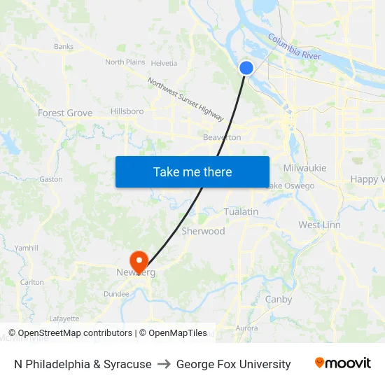 N Philadelphia & Syracuse to George Fox University map