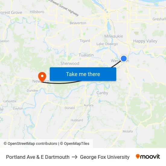 Portland Ave & E Dartmouth to George Fox University map