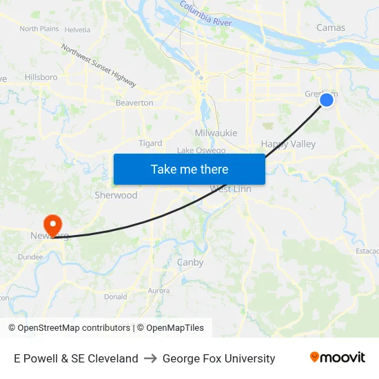 E Powell & SE Cleveland to George Fox University map