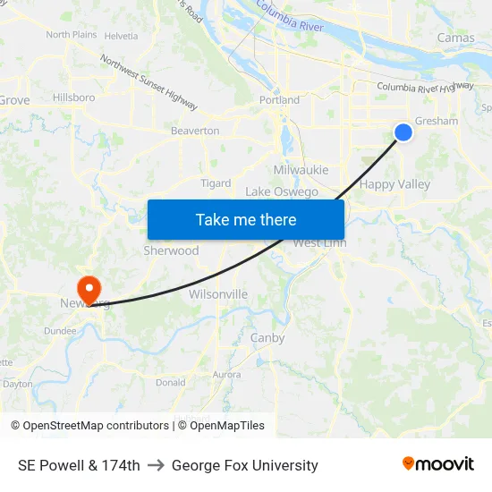 SE Powell & 174th to George Fox University map