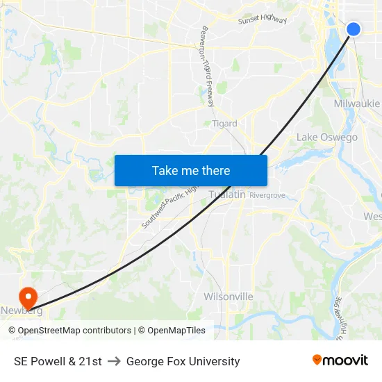 SE Powell & 21st to George Fox University map