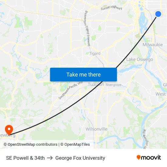 SE Powell & 34th to George Fox University map