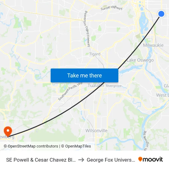 SE Powell & Cesar Chavez Blvd to George Fox University map