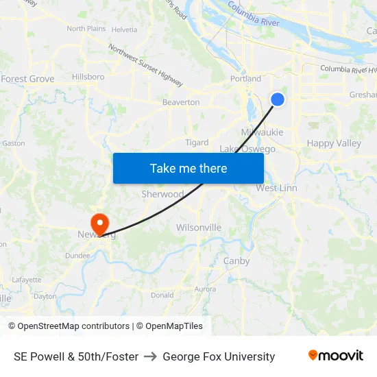 SE Powell & 50th/Foster to George Fox University map