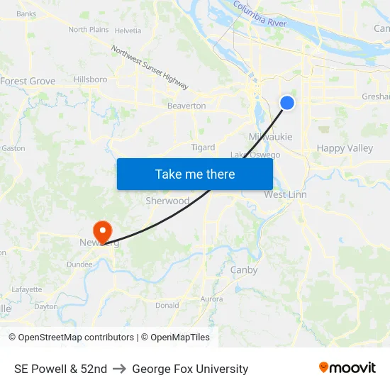 SE Powell & 52nd to George Fox University map