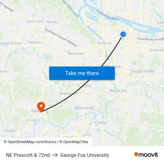 NE Prescott & 72nd to George Fox University map