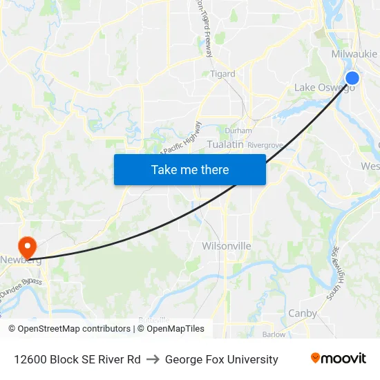 12600 Block SE River Rd to George Fox University map
