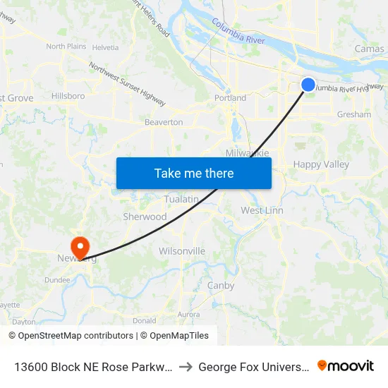 13600 Block NE Rose Parkway to George Fox University map
