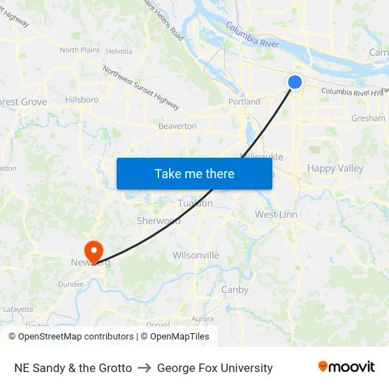 NE Sandy & the Grotto to George Fox University map