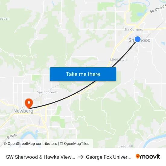 SW Sherwood & Hawks View Es to George Fox University map