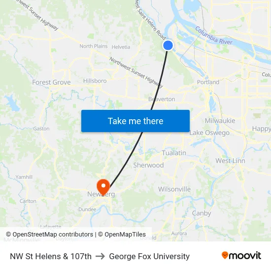 NW St Helens & 107th to George Fox University map
