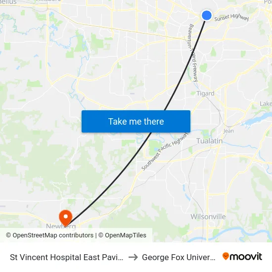 St Vincent Hospital East Pavilion to George Fox University map