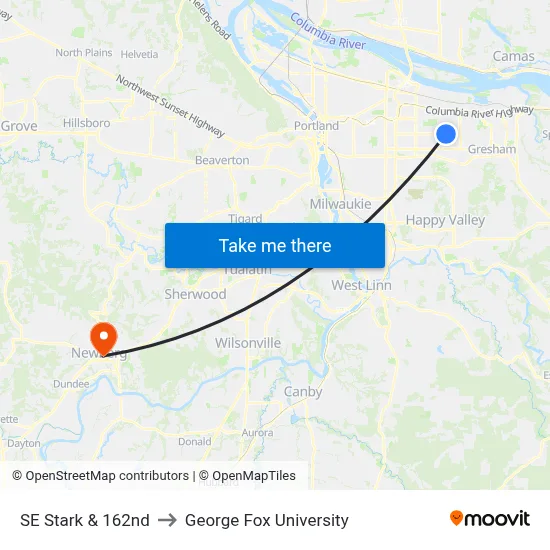 SE Stark & 162nd to George Fox University map