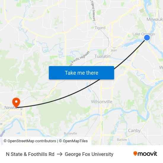 N State & Foothills Rd to George Fox University map