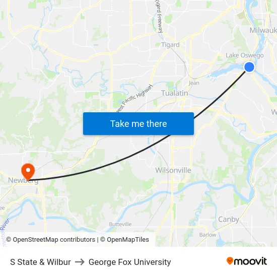 S State & Wilbur to George Fox University map