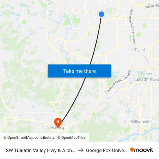 SW Tualatin Valley Hwy & Aloha Villa to George Fox University map
