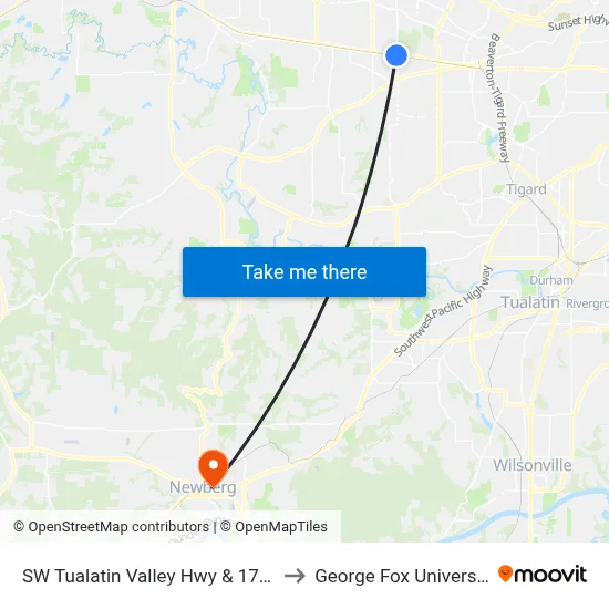 SW Tualatin Valley Hwy & 170th to George Fox University map