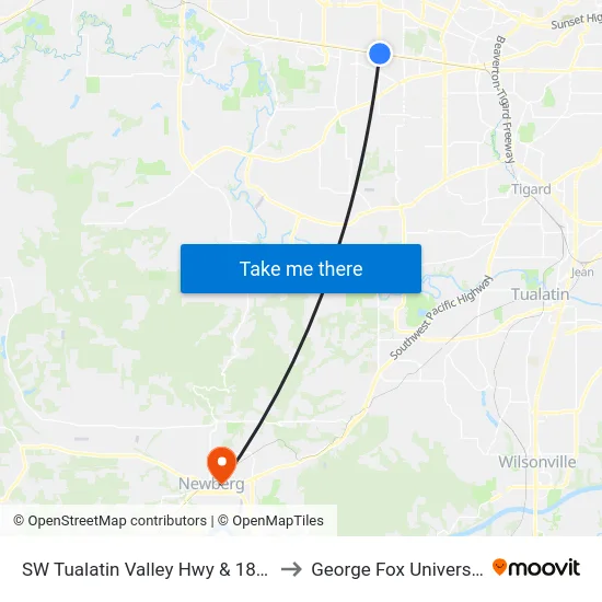 SW Tualatin Valley Hwy & 185th to George Fox University map
