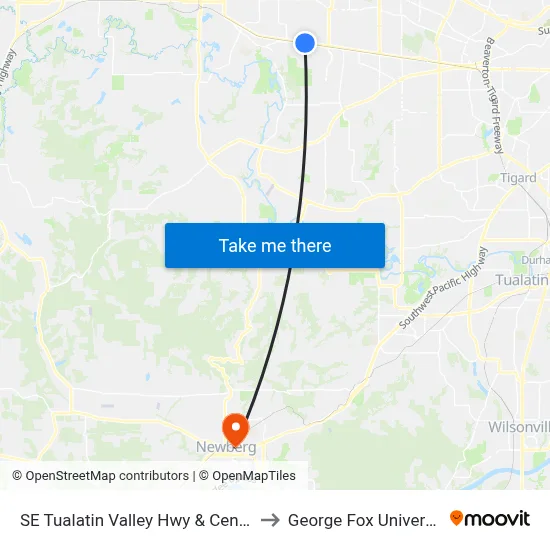 SE Tualatin Valley Hwy & Century to George Fox University map