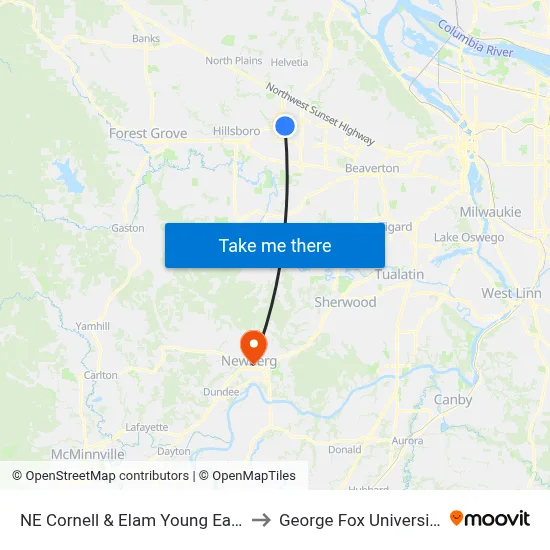 NE Cornell & Elam Young East to George Fox University map