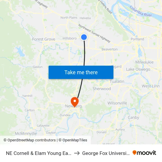 NE Cornell & Elam Young East to George Fox University map