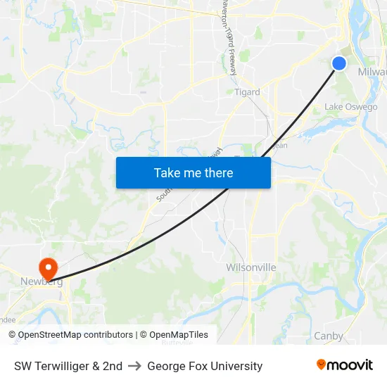 SW Terwilliger & 2nd to George Fox University map