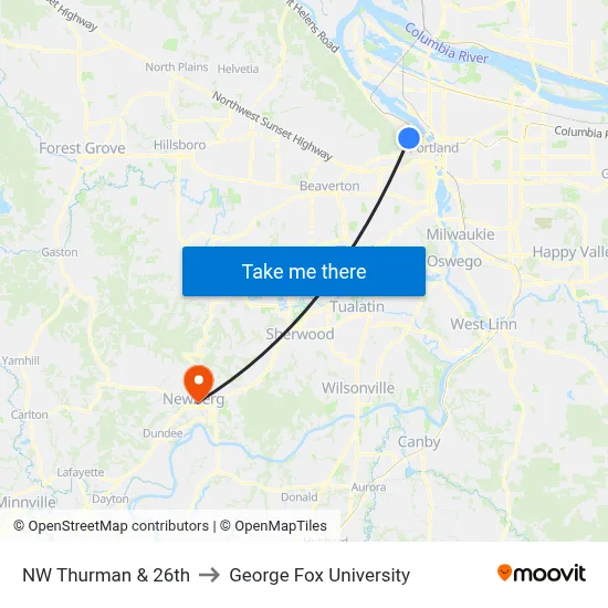 NW Thurman & 26th to George Fox University map