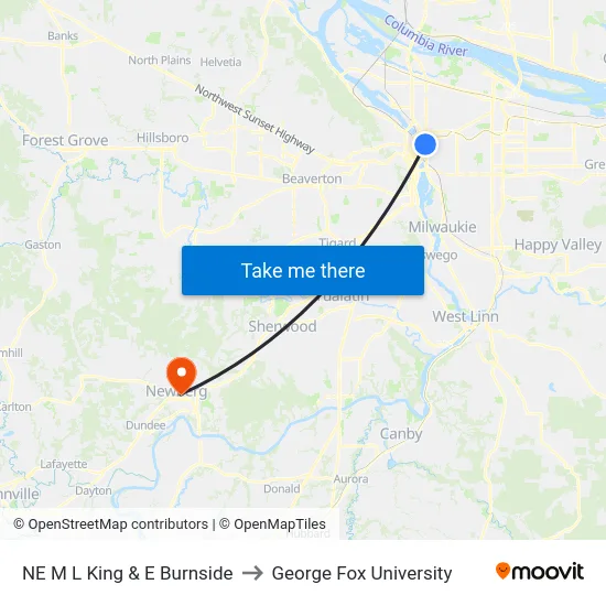 NE M L King & E Burnside to George Fox University map