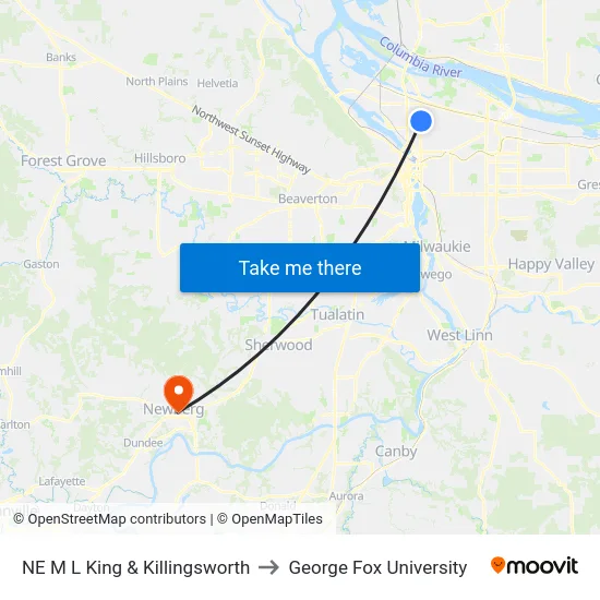NE M L King & Killingsworth to George Fox University map