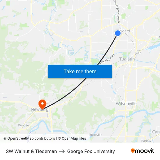 SW Walnut & Tiedeman to George Fox University map