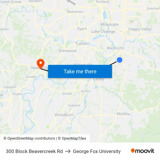 300 Block Beavercreek Rd to George Fox University map