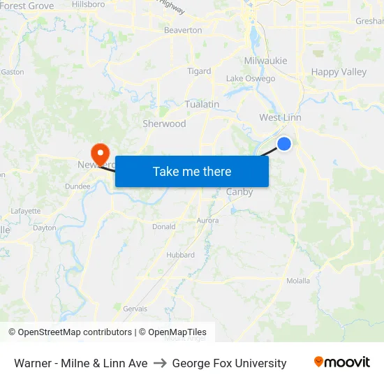 Warner - Milne & Linn Ave to George Fox University map