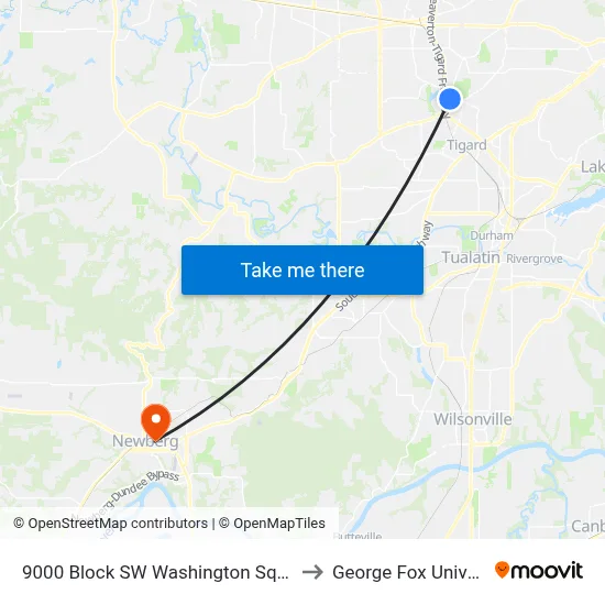 9000 Block SW Washington Square Rd to George Fox University map