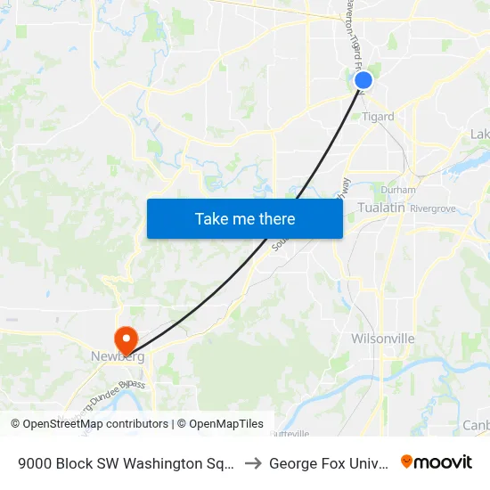 9000 Block SW Washington Square Rd to George Fox University map