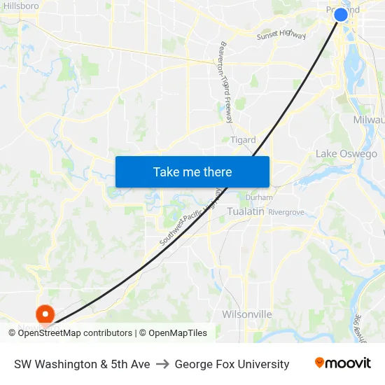 SW Washington & 5th Ave to George Fox University map