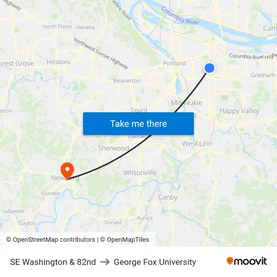 SE Washington & 82nd to George Fox University map