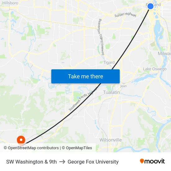 SW Washington & 9th to George Fox University map