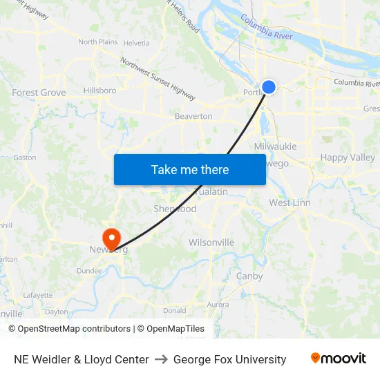 NE Weidler & Lloyd Center to George Fox University map