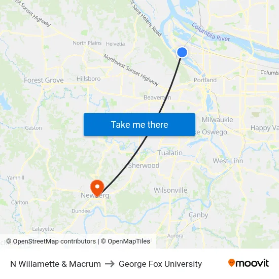 N Willamette & Macrum to George Fox University map