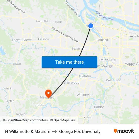 N Willamette & Macrum to George Fox University map