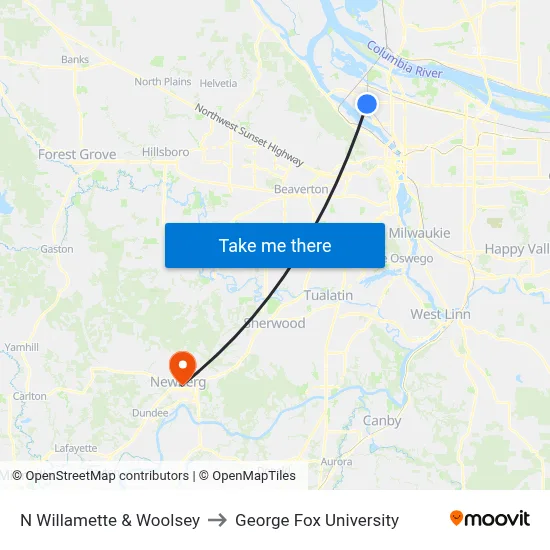 N Willamette & Woolsey to George Fox University map