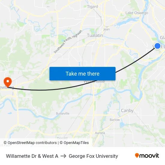 Willamette Dr & West A to George Fox University map