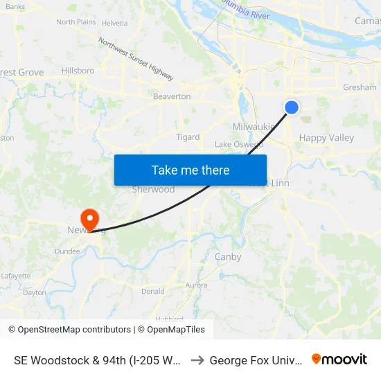 SE Woodstock & 94th (I-205 West End) to George Fox University map