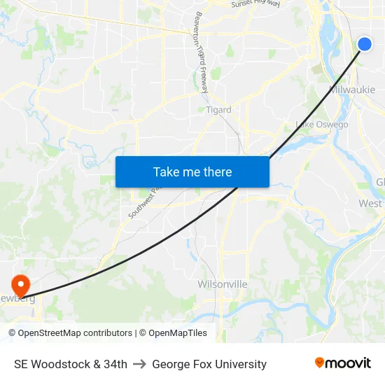 SE Woodstock & 34th to George Fox University map