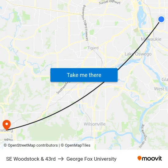 SE Woodstock & 43rd to George Fox University map