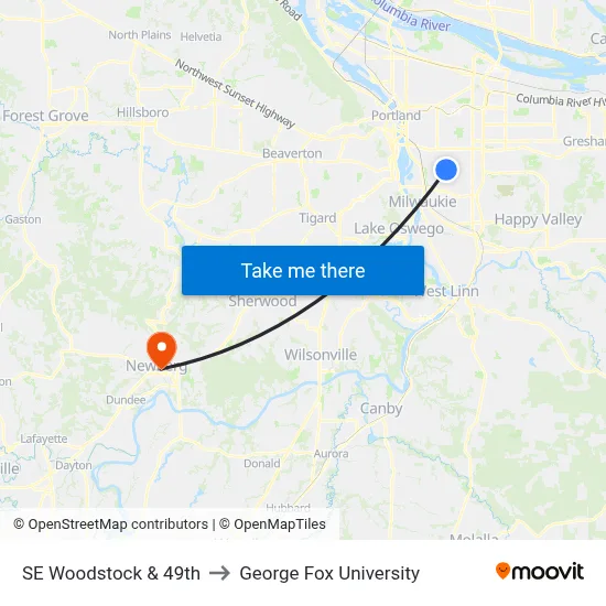 SE Woodstock & 49th to George Fox University map