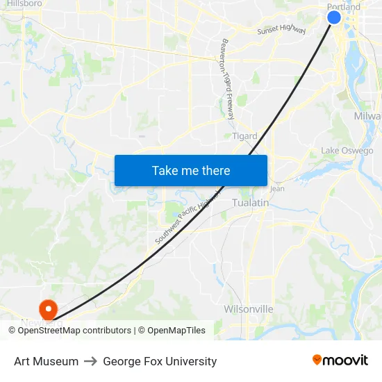 Art Museum to George Fox University map
