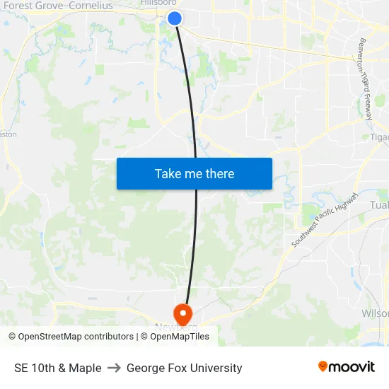 SE 10th & Maple to George Fox University map