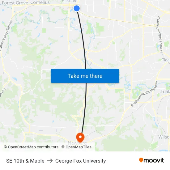 SE 10th & Maple to George Fox University map